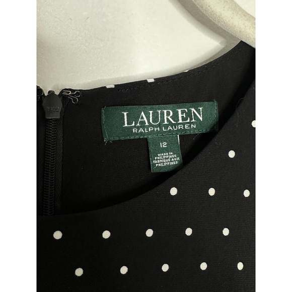 Lauren Ralph Lauren Black Polka Dot Long Sleeve Belted Stretch Dress Sz 12 - Picture 4 of 6